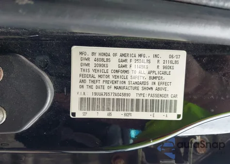 2007 Acura Tl Type S from USA, damaged, VIN 19UUA76577A045890